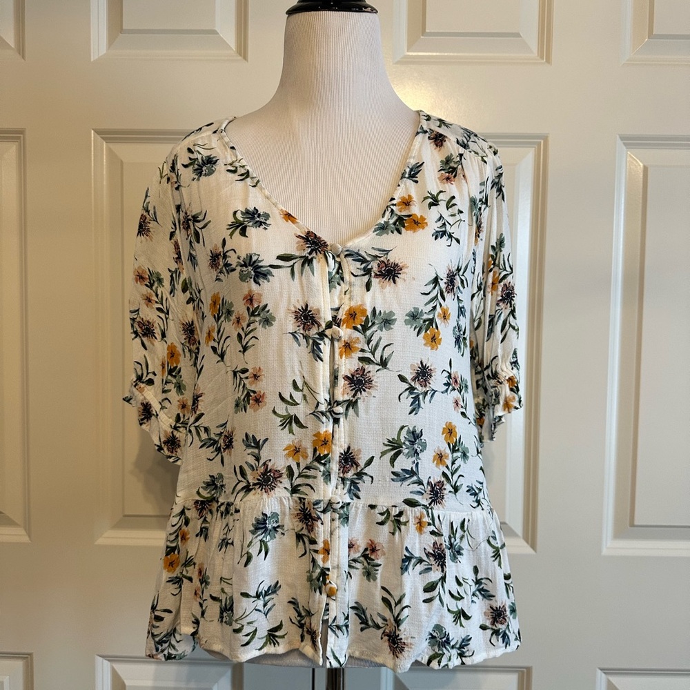Lucky Brand Floral Short Sleeve Blouse White and Yellow